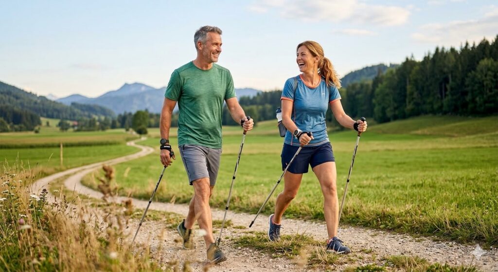 Ein Paar beim Nordic Walking